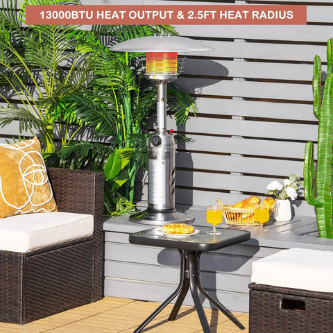 Outdoor Propane Patio Heater 11,000 BTU Portable Tabletop With Weighted Base Stainless Steel on patio with lounge chairs