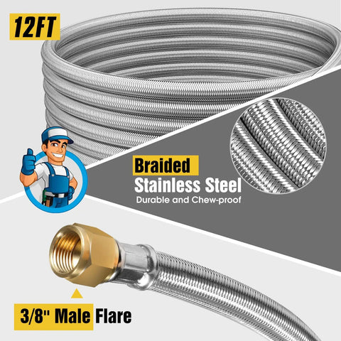 12 Ft High Pressure Braided Propane Hose Extension With Conversion Couplings For BBQ Grill, Fire Pit, And Heater, 3/8 Inch Male Flare