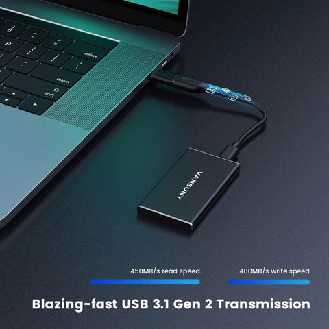 Image of 500GB Portable External SSD USB 3.1 Gen2 Drive With Metal Casing connected to a laptop, showcasing sleek design.
