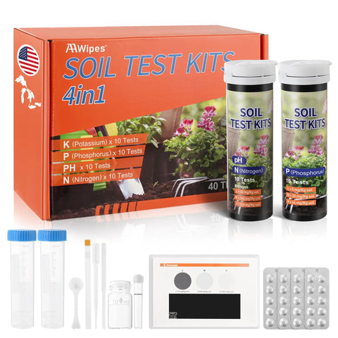 4-in-1 Soil Test Kit For pH, Nitrogen, Phosphorus And Potassium, 40-Count with tubes, sampling tools, and color card