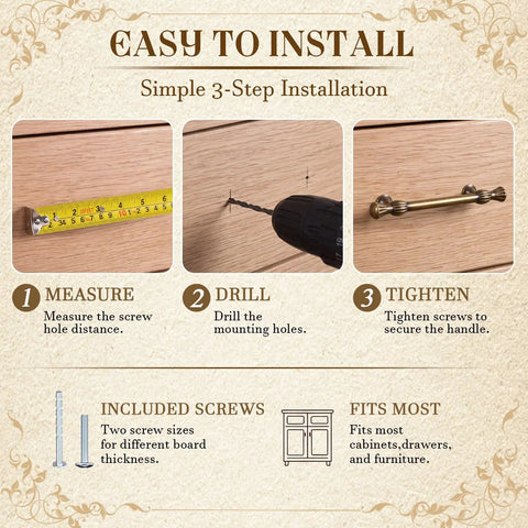 Installation guide for Vintage Zinc Alloy Cabinet Hardware Kit With Six Round Floral Knobs And Six Fluted Bar Pulls.
