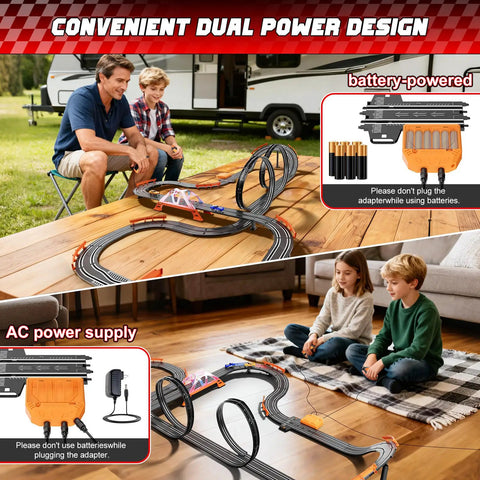 Epic Slot Car Race Track Set For Kids With 29 Foot Electric Track shown with battery and AC power options