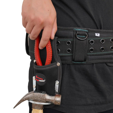 Heavy Duty Hammer And Pliers Holster For Tool Belt with 1680D Polyester, Tunnel Loop, 2 Inch Fit, shown on belt holding tools.