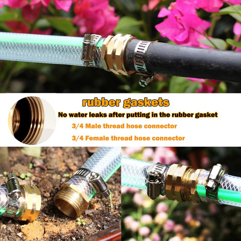 Heavy Duty Brass Garden Hose Repair Kit With Two Sets Of Male And Female Three Quarter Inch Barb Fittings Stainless Clamps And Extra Washers For Quick Leak Free Hose Repairs And No Fuss Outdoor Use with brass fittings on green and black hoses