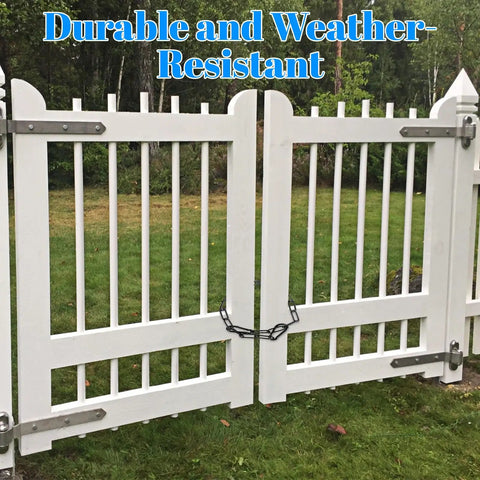 Tough As Nails 20 Inch Adjustable Metal Gate Chain Lock With Heavy Duty Carabiners securing a white fence gate.