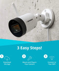 2K HD Wireless Security Camera With Plug In Power Outdoor Weatherproof Bullet Cam mounted on wall, installation steps shown