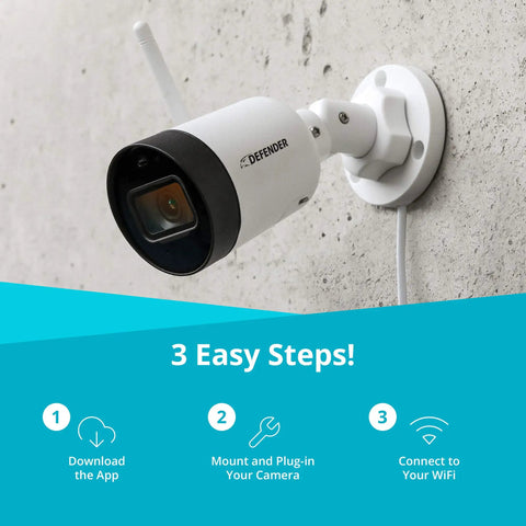 2K HD Wireless Security Camera With Plug In Power Outdoor Weatherproof Bullet Cam mounted on wall, installation steps shown