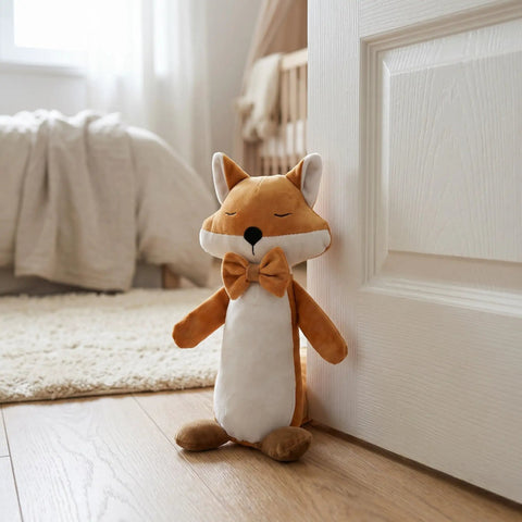 Fox Shaped Plush Door Stopper With Cotton Filling, Heavy Duty Proofing Pinch Guard in bedroom setting