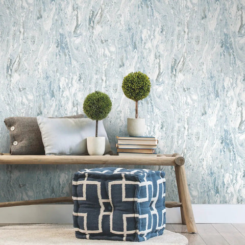 Marble Seas Metallic Blue Peel And Stick Wallpaper Roll Removable And Repositionable No Mess in cozy living room setting