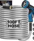 Heavy Duty Metal Garden Hose With Stainless Steel Braided Construction, One Hundred Foot Length, spray nozzle visible