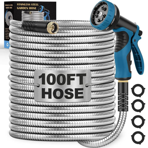 Heavy Duty Metal Garden Hose With Stainless Steel Braided Construction, One Hundred Foot Length, spray nozzle visible