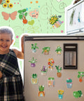 Spring Diamond Painting Magnets Set 30 Pcs Refrigerator Magnets Kit for Adults displayed on fridge with child nearby.