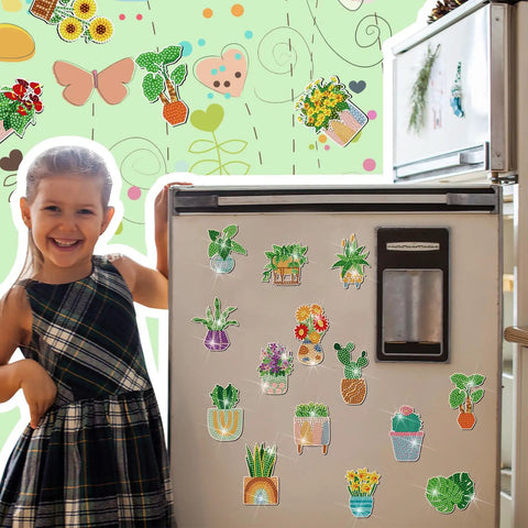Spring Diamond Painting Magnets Set 30 Pcs Refrigerator Magnets Kit for Adults displayed on fridge with child nearby.