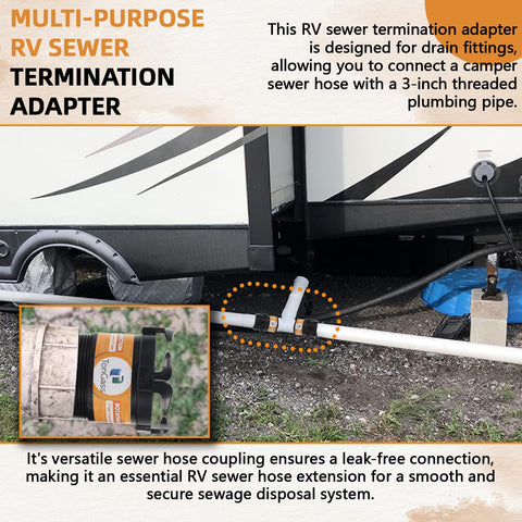RV Sewer Hose Adapter Kit With 3 Inch Rotating Rigid Bayonet Adapter And Termination Fitting, Includes Male Thread And Hooks, 3 Inch Bayonet Hub Connector For Easy Waste Disposal On The Go; RV sewer termination adapter on camper pipe