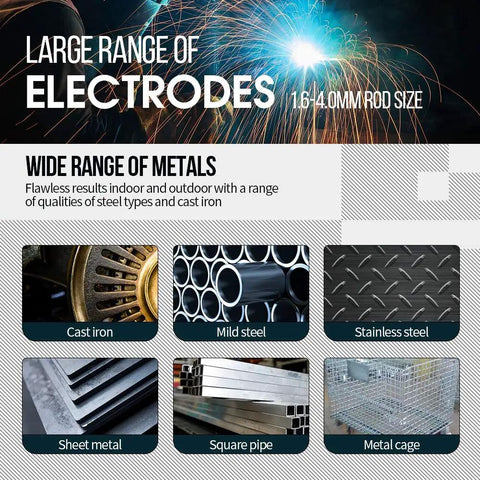 Large range of electrodes with 1.6-4.0mm rod size for wide range of metals including cast iron and mild steel.