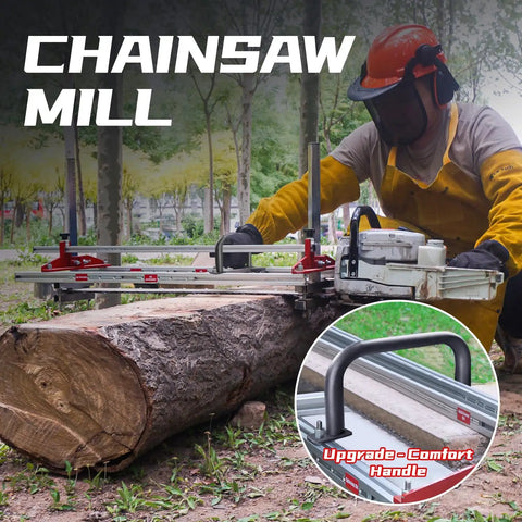 Chainsaw Mill 2.0 Portable Sawmill with Comfort Handle, adjustable for 14-36 inch bars, cutting log in a forest scene