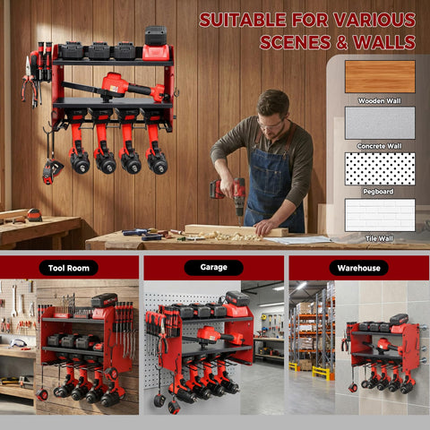 Red Heavy Duty Power Tool Organizer Wall Mount With Charging Station in a workshop setting