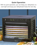 No Sweat Electric Food Dehydrator With Digital Temperature Control And Smart Timer Rock Solid Dual Fans BPA Free tray stacked with various dried fruits.