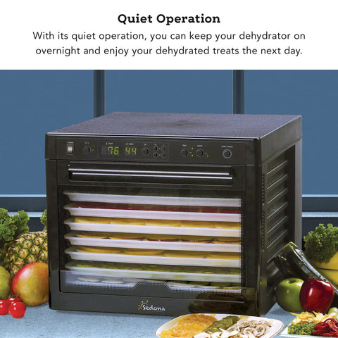 No Sweat Electric Food Dehydrator With Digital Temperature Control And Smart Timer Rock Solid Dual Fans BPA Free tray stacked with various dried fruits.