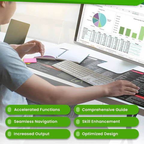 Person using Giant XL Excel Desk Pad With Shortcut Keys Cheat Sheet Workhorse For Office Grippy Surface Waterproof Mouse Pad Boss Level Spreadsheets And Productivity Boost 35 Point 5 By 15 Point 7 Inches
