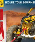 Red heavy duty soft loop anchor securing ATV, Heavy Duty Soft Loop Anchors Pack Of 6 For Tie Down Straps And Ratchet Hooks 1.5 Inch By 17 Inch, 3000 Pound Load Capacity And 10,000 Pound Break Strength, Great For Motorcycle, Bike, Roof Rack And Hauling