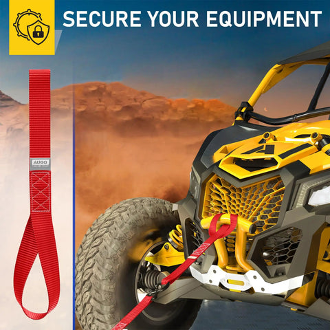 Red heavy duty soft loop anchor securing ATV, Heavy Duty Soft Loop Anchors Pack Of 6 For Tie Down Straps And Ratchet Hooks 1.5 Inch By 17 Inch, 3000 Pound Load Capacity And 10,000 Pound Break Strength, Great For Motorcycle, Bike, Roof Rack And Hauling