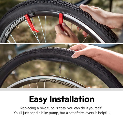 Replacement 26 Inch Bike Inner Tube With Schrader Valve for 1.75 to 2.125 inch tires being installed on bike wheel