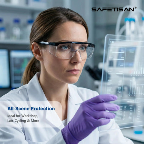 Tough As Nails Clear Safety Glasses Heavy Duty Bulk Pack Featuring Adjustable Temples And Side Shields Ansi Z87 Rated Impact Proof Protective Eyewear For Job Site And Lab Setup being worn by a woman in a lab.