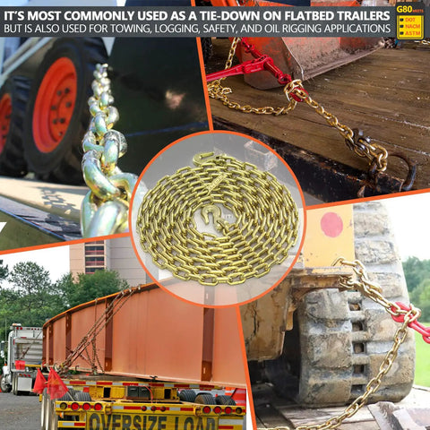 Beefy Heavy Duty Transport Binder Chain With Clevis Grab Hooks 5 16th Inch By 20 Foot 5100 Lb WLL in various uses and setups.