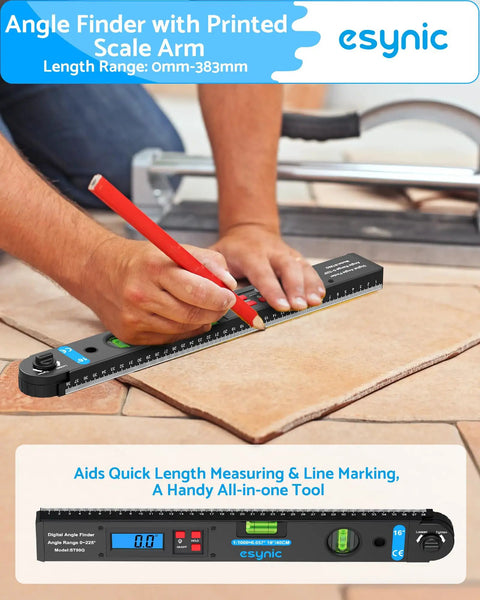 Flat Out Precise 16 Inch Digital Angle Finder Crafted From Durable Aluminum Alloy Featuring An Easy Read Scale Built For Woodworking And Cabinetry When You Gonna Strike Exactly Where It Counts in use on a work surface.