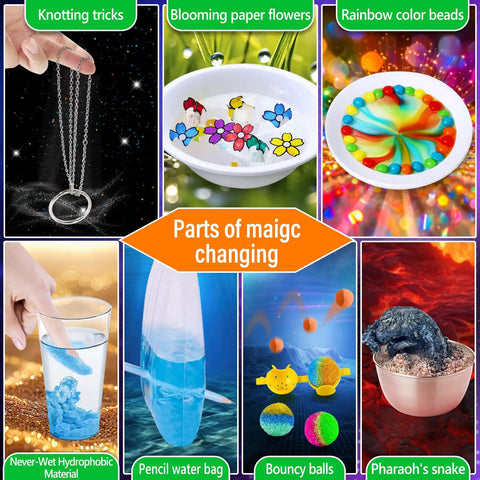 230 Experiments Science Kit For Kids STEM Toys With Magic Chemistry Set Crystal Growing Physics Slime And More Hands On Learning Educational Gift Idea For Boys And Girls showcasing magic tricks and color experiments.