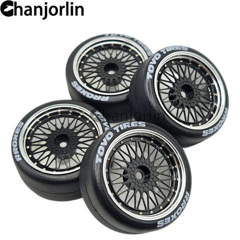 RC Drift Tires With Aluminum Wheels 2.56 Inch OD 12mm Hex Hard Drift Tires for 1/10 Rally Cars, set of four, front view