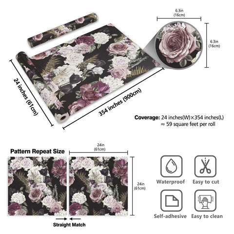 Dark Floral Peel And Stick Wallpaper Roll 24x354 Inches Black Background With White Purple Pink Roses Wall Mural dimensions