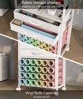 VENNQD organizer and storage stand, white, on wheels, with 24 vinyl roll holders and two fabric drawers.