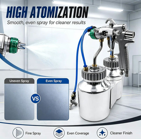 Heavy Duty Dual Head Paint Spray Gun With Knockout Twin Aluminum Cups showing even spray results for smooth finishes.