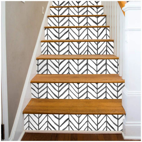 Peel And Stick Black And White Herringbone Wallpaper With Self Adhesive Vinyl Decor on stair risers, easy install.