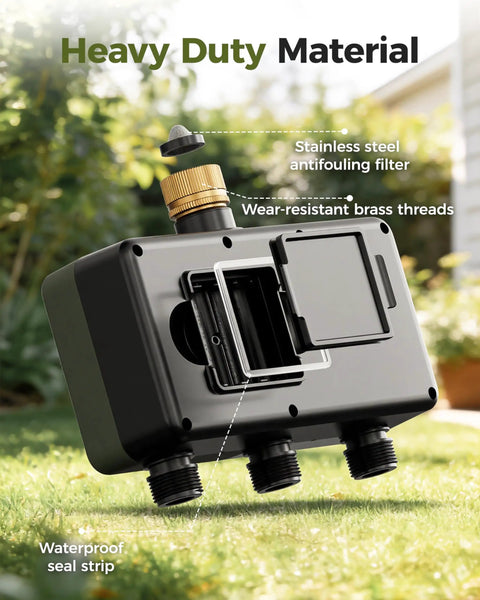 Close-up of heavy-duty three-zone brass sprinkler timer for lawn and garden, highlighting waterproof seal strip and antifouling filter.