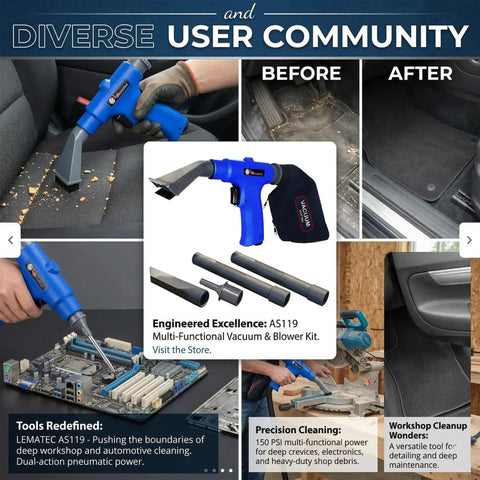 Dual Action Pneumatic Vacuum And Air Blow Gun With 6 Attachments 150 PSI Power For Auto Shop Cleaning, before and after use shown
