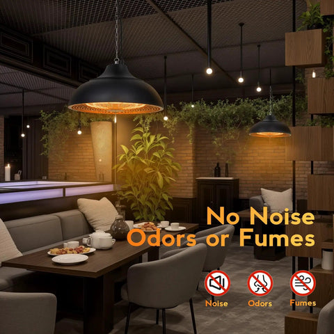 Ceiling Mounted 1500W Patio Heater For Outdoor Spaces, 3S Instant Heat hanging in a modern outdoor dining area.