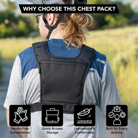 Person wearing Everyday Chest Pack For Hiking, Skiing, Running And Travel With Grab And Go Phone Pocket, back view outdoors