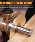 Close-up of Pro Grade Wheel Marking Gauge Kit with brass anti-roll head and ruler, showing sharp blade against wood.