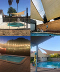 Oversized 20x20x20 Foot Triangle Sun Shade Sail For Garden And Patio Desert Sand Color, installed over pool areas outdoors.