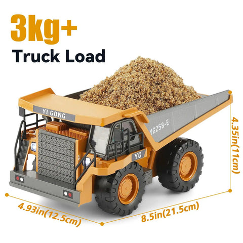 Remote Control Dump Truck For Kids Nine Channel RC Construction Vehicle with metal dump bed filled with sand showcasing dimensions
