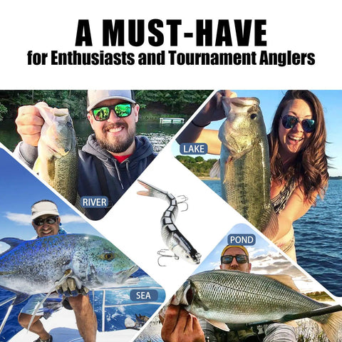 Anglers with catches; Easy Catch Three Action Swimbait Lure With BKK Hooks Wiggling Vibrating Rattling Gurgling in center