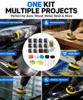 Top Shelf Drill Polishing Kit With 662 Pcs Sanding Discs And Buffing Pads For Headlight Restoration being used on a car.