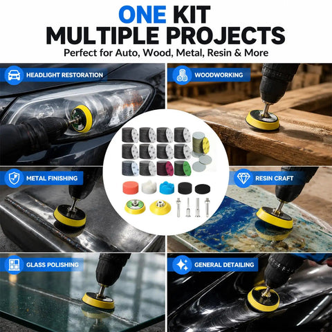 Top Shelf Drill Polishing Kit With 662 Pcs Sanding Discs And Buffing Pads For Headlight Restoration being used on a car.