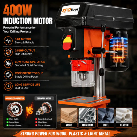 Heavy Duty 8 Inch Benchtop Drill Press Featuring A Robust 400W Induction Motor And Five Speed Settings with transparent chuck and control panel.