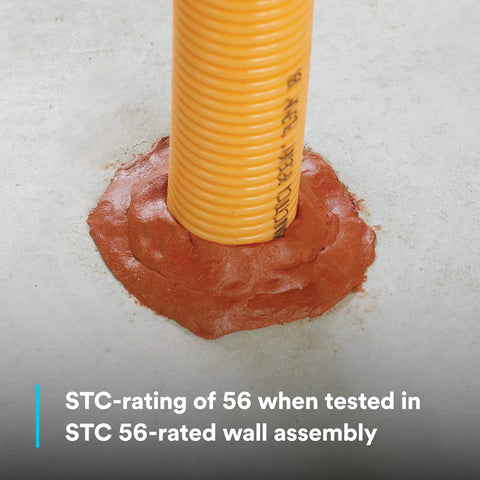 Fire Barrier Moldable Putty Stix MP Plus Red One Part Re Enterable Intumescent Firestop Sealant applied around pipe on wall