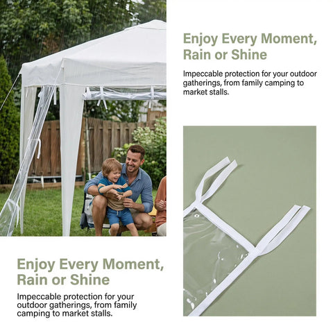 Family under canopy with Leakproof Tent Rain Gutter System For Canopy, Heavy Duty Pop Up Gutter 14.44ft, Keeps Rain Out