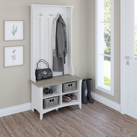 Salinas Hall Tree With Shoe Storage Bench In Shiplap Gray And Pure White Workhorse All In One Entryway Organizer With Seating And Hooks